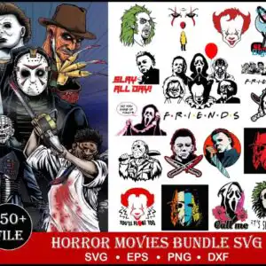 Halloween grid collage of horror themed masked figures, text graphics and red balloon icons in black red and yellow