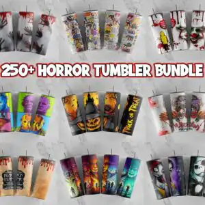 Horror tumbler wraps with clown face, pumpkin and TRICK OR TREAT text in blood red and orange