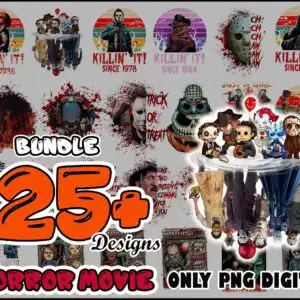 Chibi horror figures with retro sunset badges and text like Since 1978 and Killin It in orange and red
