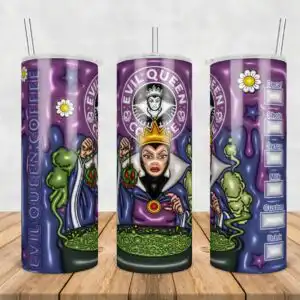 Cartoon evil queen coffee shop parody with poison apple and bubbling cauldron in purple and lime green