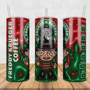 Cartoon chibi Freddy Krueger with fedora hat and striped sweater on tumbler wrap