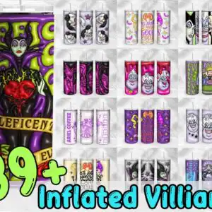 Grid of inflated 3D stylized villain tumbler wraps with horned villain, puffy hearts and gold banners