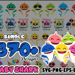 370_babysharksvgmegabundlebd02072319.jpg Collage preview sheet of baby shark family cartoon characters with party hats bows sunglasses and text