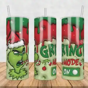 3dinflatedpuffchristmasmode.jpg Green furry creature in Santa hat with GRINCH MODE ON text and candy cane, 3D puff style