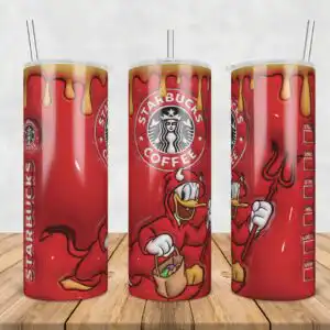 3dinflatedpuffdonald.jpg Donald Duck dressed as red devil with trident on Starbucks red tumbler wrap