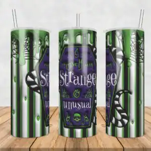 3dinflatedpuffimyselfamstrangeandunusual.jpg 3D inflated puff Halloween tumbler wrap with I myself am Strange and unusual coffin plaque
