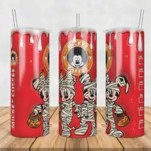 3dinflatedpuffmickeyandminniecoffee.jpg Halloween tumbler wrap with three cartoon mice dressed as mummies holding jack-o-lantern pails on red background