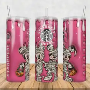 3dinflatedpuffmickeyandminniemummy.jpg Two cartoon mummy mice holding pumpkin pails on hot pink tumbler wrap