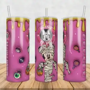3dinflatedpuffminniemummy.jpg Mummy wrapped cartoon mouse with bow holding pumpkin bucket and Minnie Coffee text