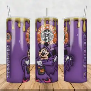 Purple Halloween tumbler wrap with cartoon mouse in witch costume holding jack-o-lantern bucket