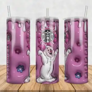 3dinflatedpuffpiglet.jpg Pink 3D puffy inflated Halloween ghost in Pooh costume with Starbucks Coffee lettering on tumbler wrap