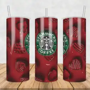 3dinflatedpuffredcoffee.jpg 3D puffy Starbucks Coffee logo with deep red inflated hearts on 20oz tumbler mockup