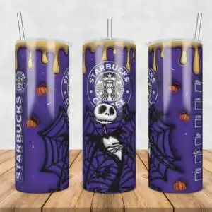 3dinflatedpuffskellingtoncoffee.jpg Purple Halloween tumbler wrap with 3D puffy skeleton, pumpkins and spider webs