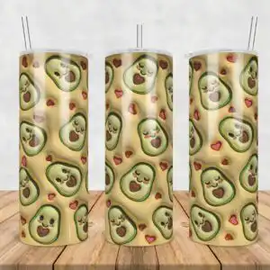 3dinflatedpuffavocadostraight.jpg Kawaii avocado halves with smiling faces and heart-shaped brown pits in green and pink