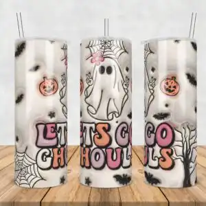 3D inflated puff Halloween tumbler wrap with retro ghost, pumpkin and LET'S GO GHOULS text