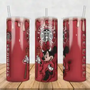 Minnie Mouse dressed as devil with Starbucks branding on tumbler wrap