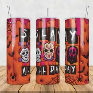3dinflatedpuffslayallday.jpg 3D inflated puff Halloween tumbler wrap with horror masks and SLAY ALL DAY text in pink and orange