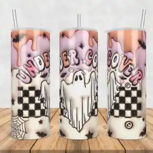 3dinflatedpuffundercover.jpg Retro Halloween ghost tumbler wrap with UNDER COVER puffy bubble letters, checkered squares and bats