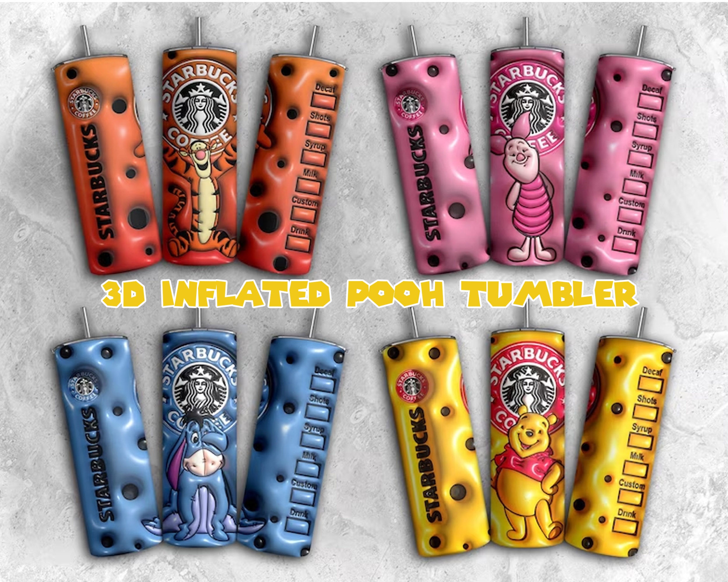 Pooh 3D Puff Cartoon Sublimation Tumbler - Instant download