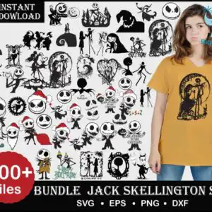 400-nightmare-before-christmas-svg-mega-bundle-3-0-443.jpg Black silhouette sheet of Jack Skellington faces, Sally, Oogie Boogie and Zero the ghost dog on a white background