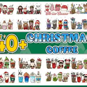 Grid of Christmas coffee designs with iced cups, Santa hats and It's the Season text in red and green