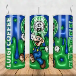 Parody coffee shop tumbler wrap with Luigi Coffee badge and jumping cartoon plumber in green hat