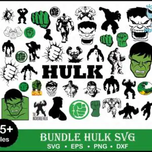 Hulk bundle collage with flexing silhouettes, fists and THE INCREDIBLE HULK lettering