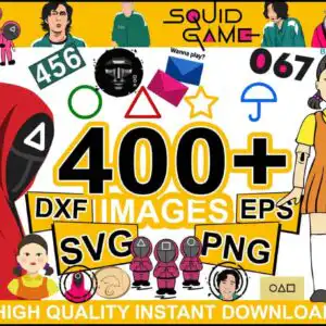 450-squid-game-bundle-svg-vector-silhouette-birthday-cricut-machine-cutfile-368.jpg Squid Game design template collage with pink guards, honeycomb cookies, number tags 456 and 067 on white