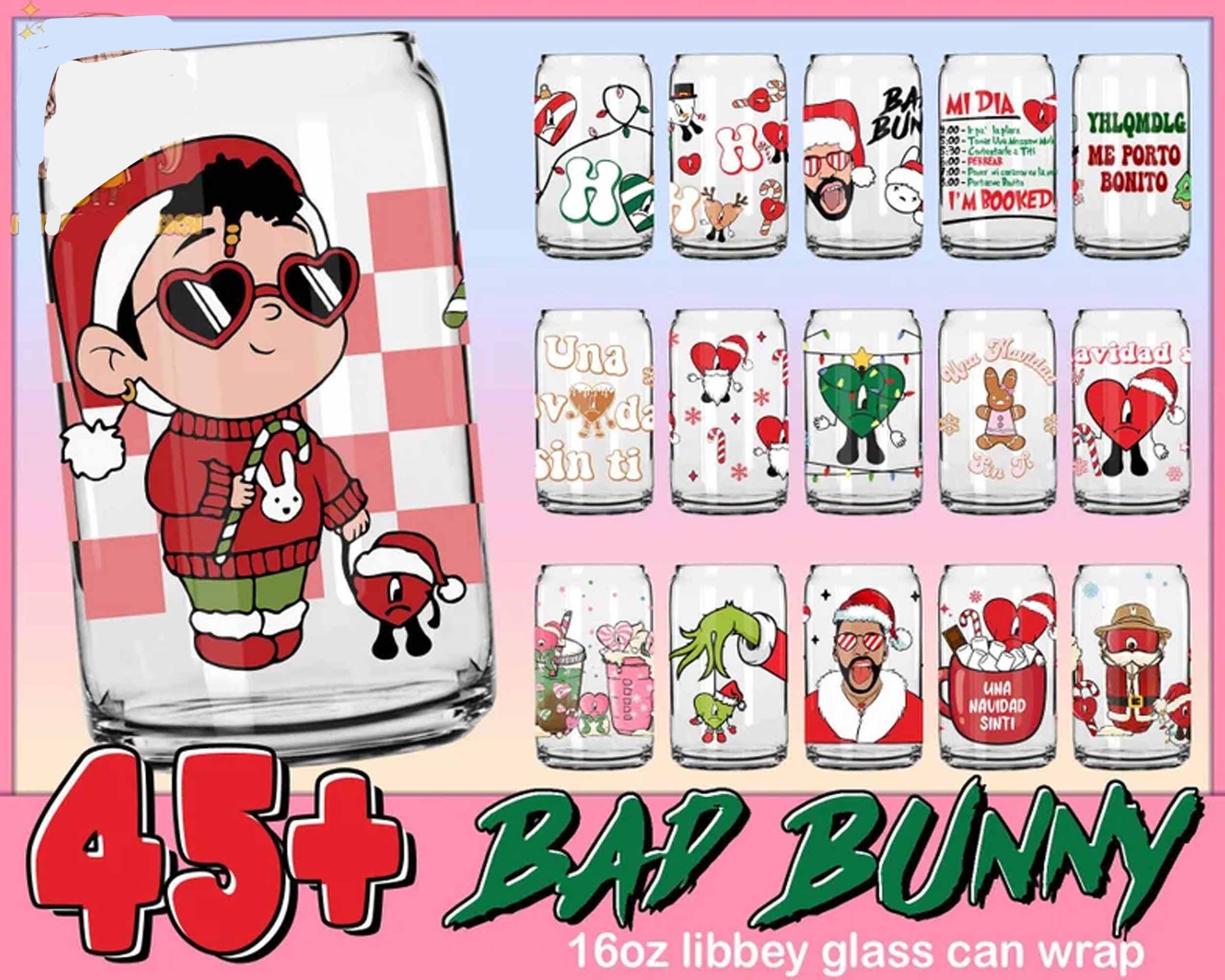 Version 2 - 45+ Christmas Bad Bunny Glass Can Wrap Png, Coffee Bad Bunny 16oz Png, Merry Christmas Tumbler Png, Bad Bunny Libbey Can Wrap Png