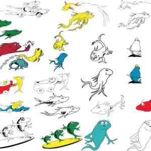Whimsical cartoon fish-like creatures driving cars and riding surfboards collage