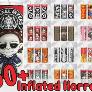 Grid of inflated cartoon horror tumbler wraps with chibi masked figures and bold colors