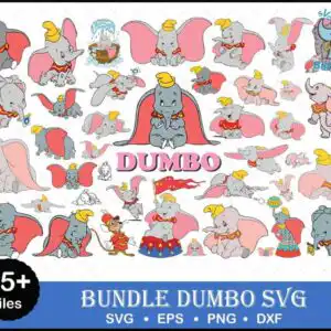 55-dumbo-svg-bundle-cricut-elephant-png-cut-file-694.jpg Baby Dumbo cartoon clipart bundle with pink ears and yellow hat and DUMBO lettering