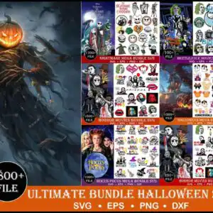 5800-ultimate-halloween-bundle-svg-digital-file-269.jpg Glowing jack-o'-lantern scarecrow beside a six-panel grid of movie-themed Halloween cut designs in orange and purple