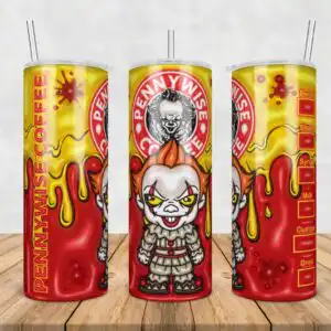 Chibi scary clown coffee shop tumbler wrap with Pennywise Coffee emblem and yellow dripping effect