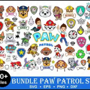 Paw Patrol cartoon puppies with badges and bone name tags in bright colors