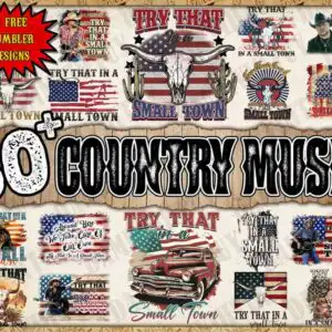 Patriotic small town bundle with Try That In A Small Town lettering, longhorn skull and red pickup