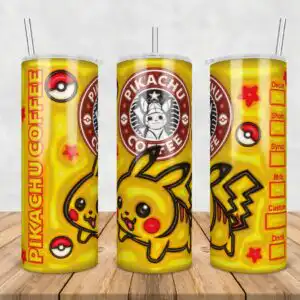 61.jpg Puffy yellow cartoon electric mouse with red cheeks and Pikachu Coffee logo for tumbler wrap