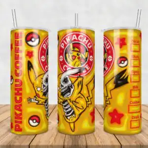 62.jpg Yellow cartoon creature in skeleton costume with PIKACHU COFFEE text on tumbler wrap