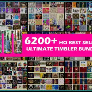 Grid preview sheet with 6200+ tumbler wrap thumbnails and three tumblers on left with hot pink banner