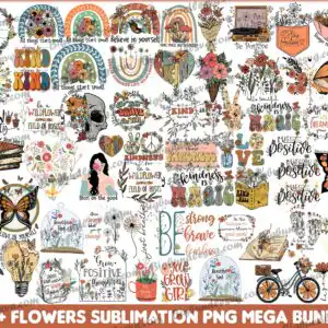 Floral sublimation PNG bundle preview with wildflowers, rainbows and butterflies in burnt orange, teal and mustard yellow