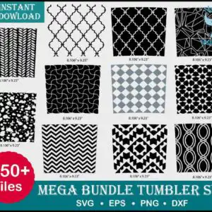 Black, white and gray geometric tumbler pattern swatches with chevron stripes, checkerboard diamonds and quatrefoil lattice