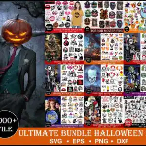 Collage preview sheet with large pumpkin-headed figure in suit and tie and Halloween icons