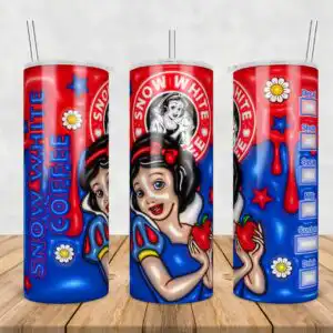 72.jpg Cartoon princess with black bob hair red bow blue dress holding red apple with Snow White Coffee lettering