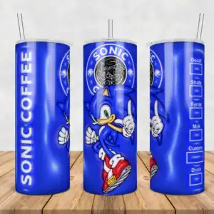 74.jpg Blue tumbler wrap with cartoon hedgehog giving thumbs up and SONIC COFFEE lettering