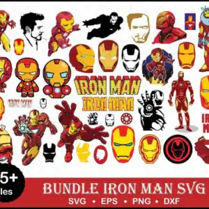 Iron Man bundle preview grid showing suits, helmets, chibi characters and arc reactor icons