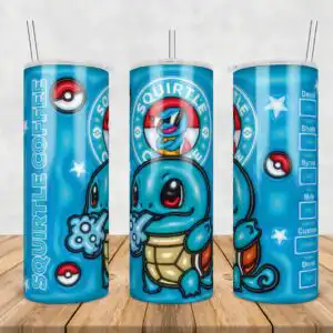 78.jpg Cartoon blue turtle coffee shop tumbler wrap with Squirtle Coffee text and pokeball icons