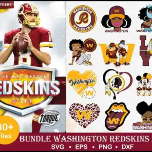 Collage preview of Washington Redskins fan art bundle with W logos and football player