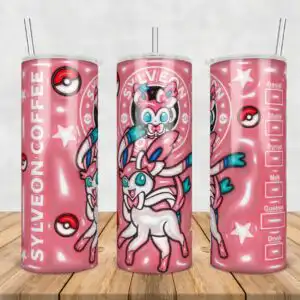 Sylveon Pokemon coffee shop tumbler wrap with bubblegum pink puffed style and SYLVEON COFFEE lettering