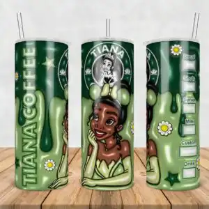 84.jpg Cartoon princess coffee shop parody tumbler wrap with green puffy drips and TIANA COFFEE text