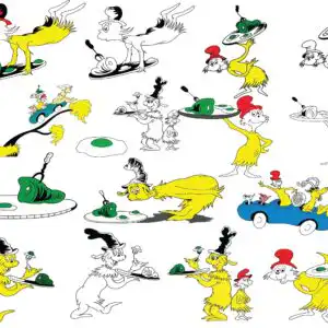 Sam-I-Am characters collage with green eggs and ham plates in bright yellow and red